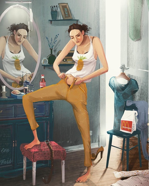 Eve Farb - дизайнер и иллюстратор. Рассматриваешь ее работы и находишь отклик в себе: вот так и я грущу без общения, вот так ленюсь и смотрю телевизор (вместо того, чтобы пойти спать), вот так